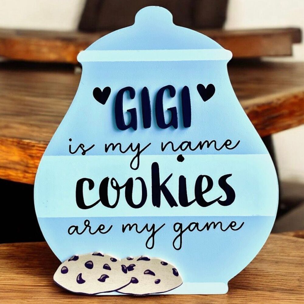 NWT Gorgeous GIGI is my name Cookies are my game Table Top Stand Blue Wood Decor